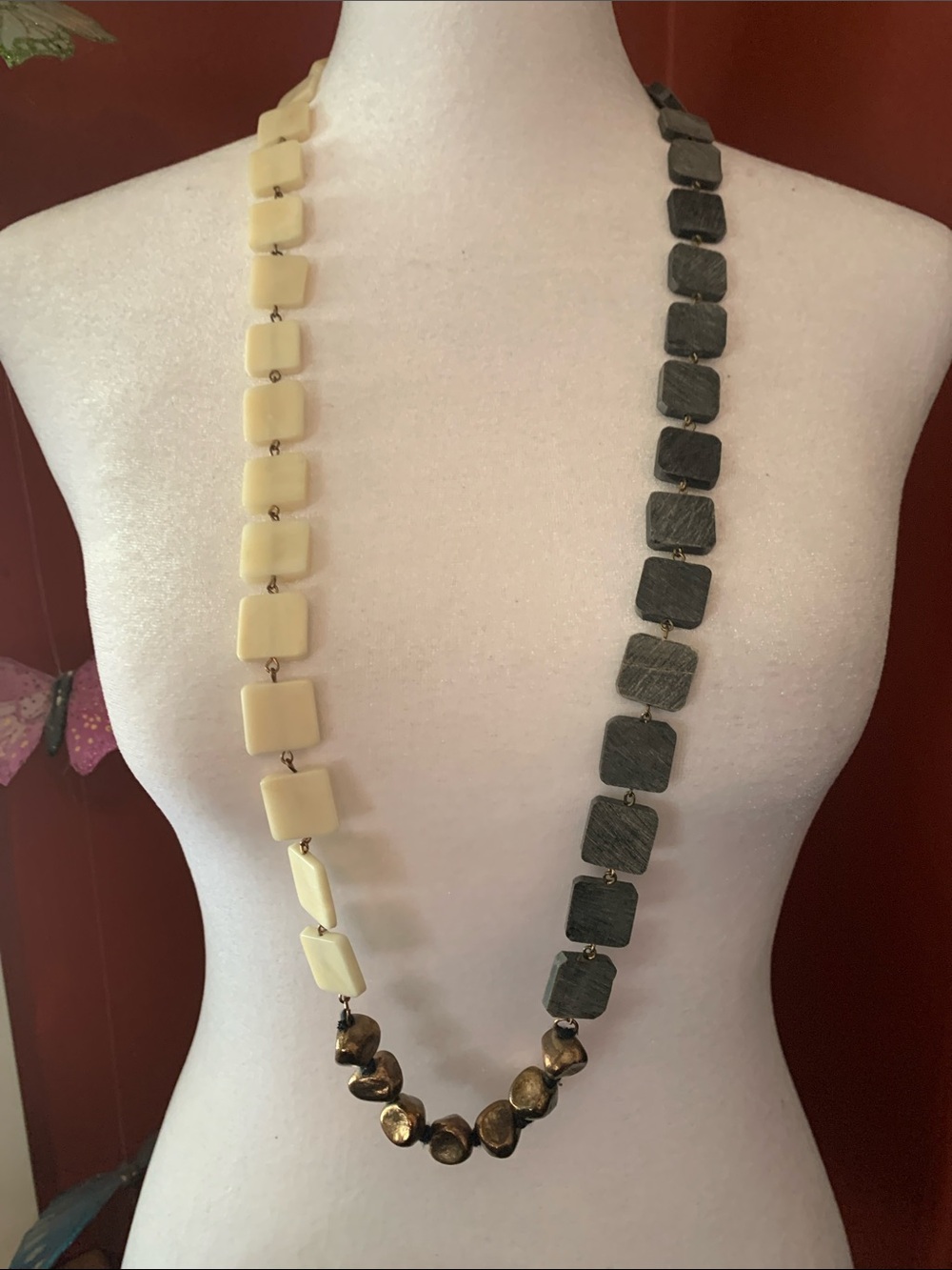 Two-Tone Ivory and Charcoal Long Statement Necklace